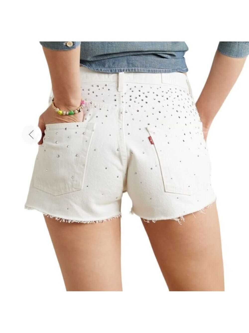 Re/done & Pam Crystal Mid-rise White Denim Shorts Size 32 (10-12) - Picture 3 of 14